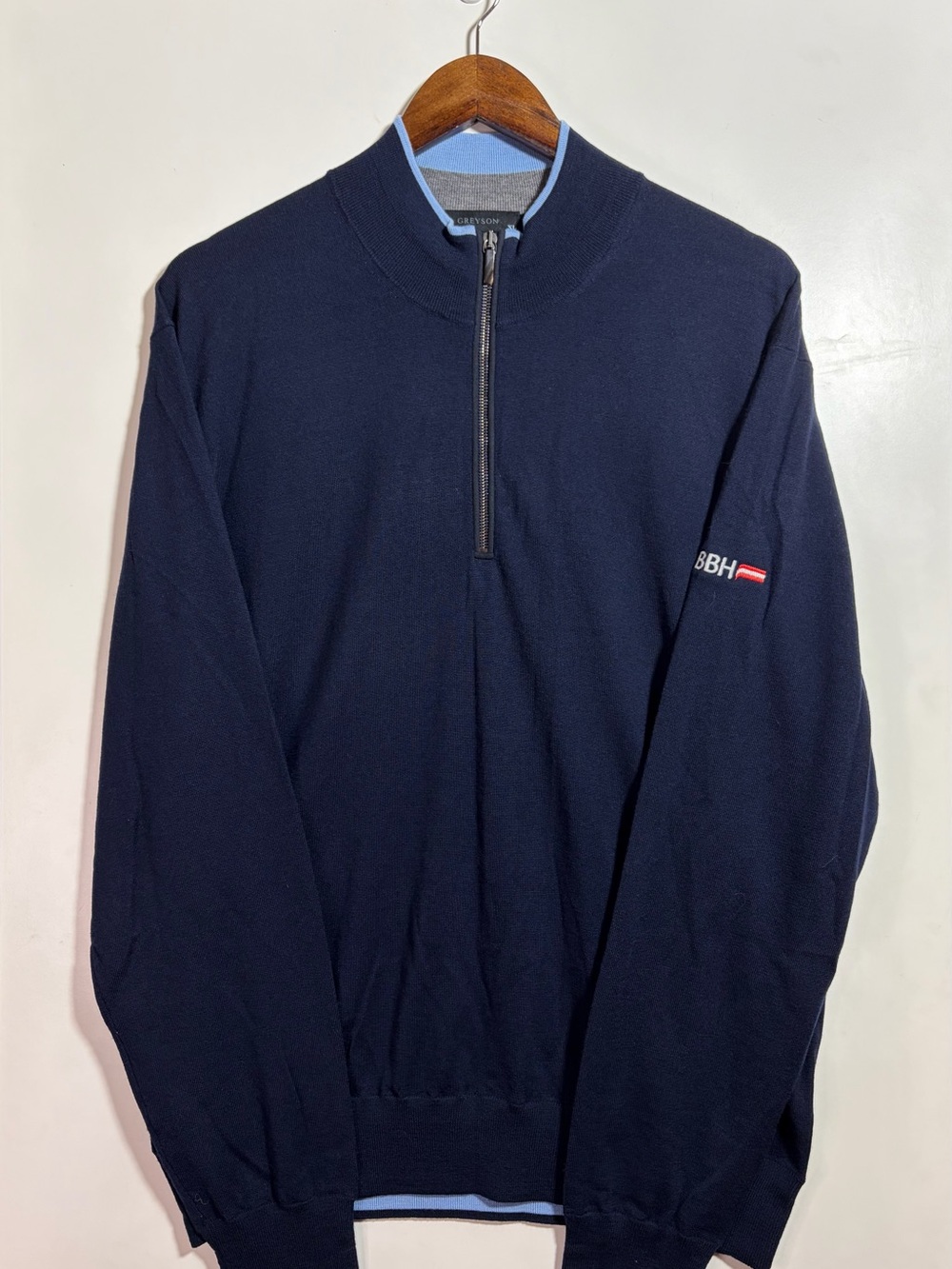 Greyson 1/4 Zip Wool Sweater XL Navy Blue Tipped Mock Neck Golf Old Money NWOT